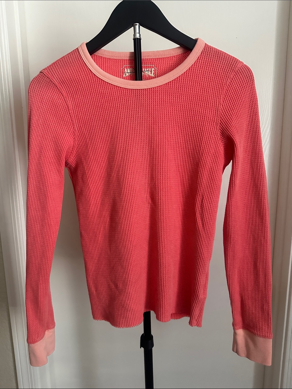 American Age Coral Long-Sleeve Waffle Thermal Top with Light Coral Trim